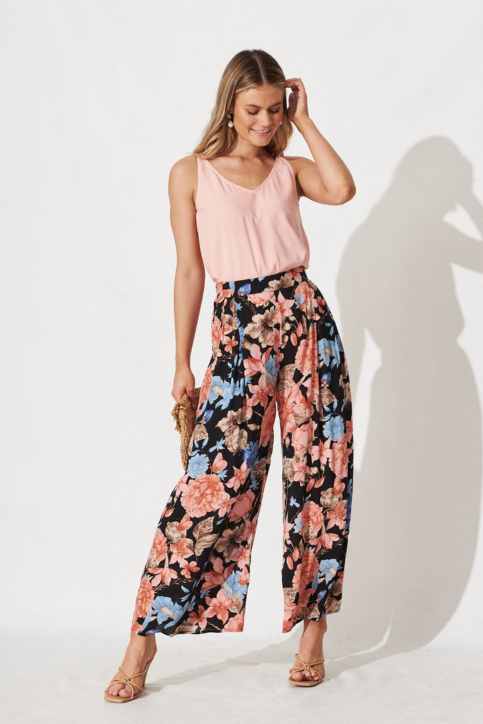 Mollie Pants In Black With Coral Floral - full length