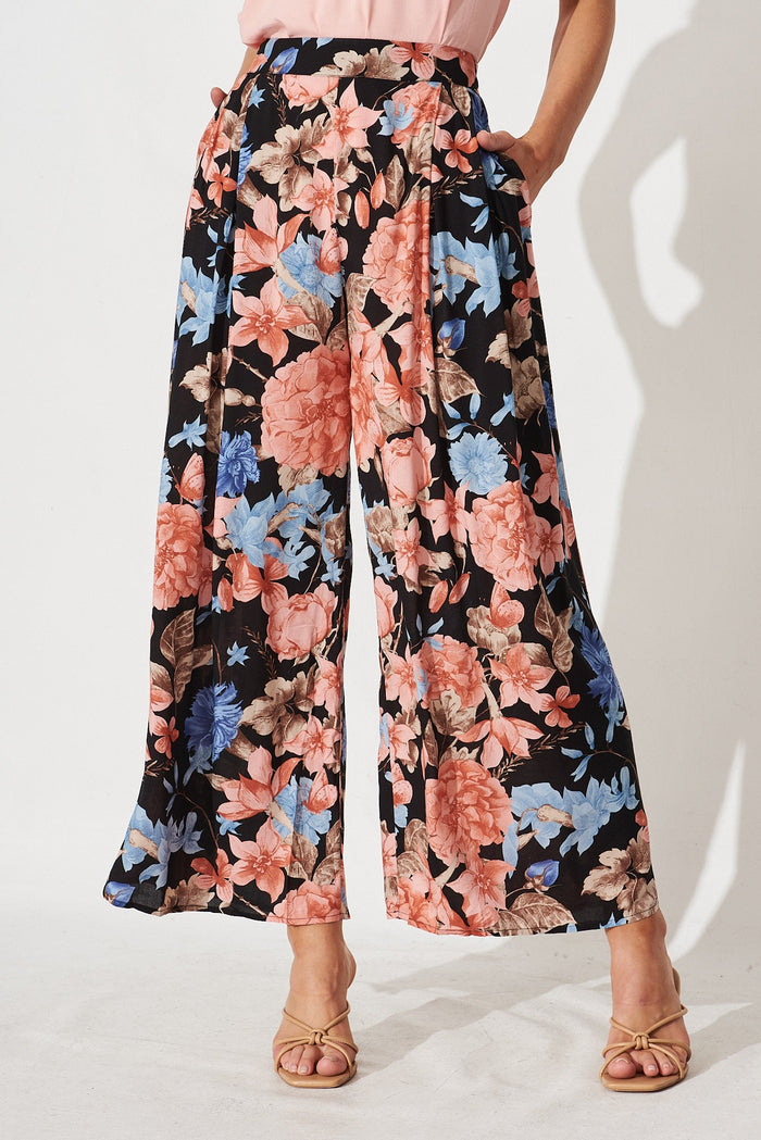 Mollie Pants In Black With Coral Floral - front