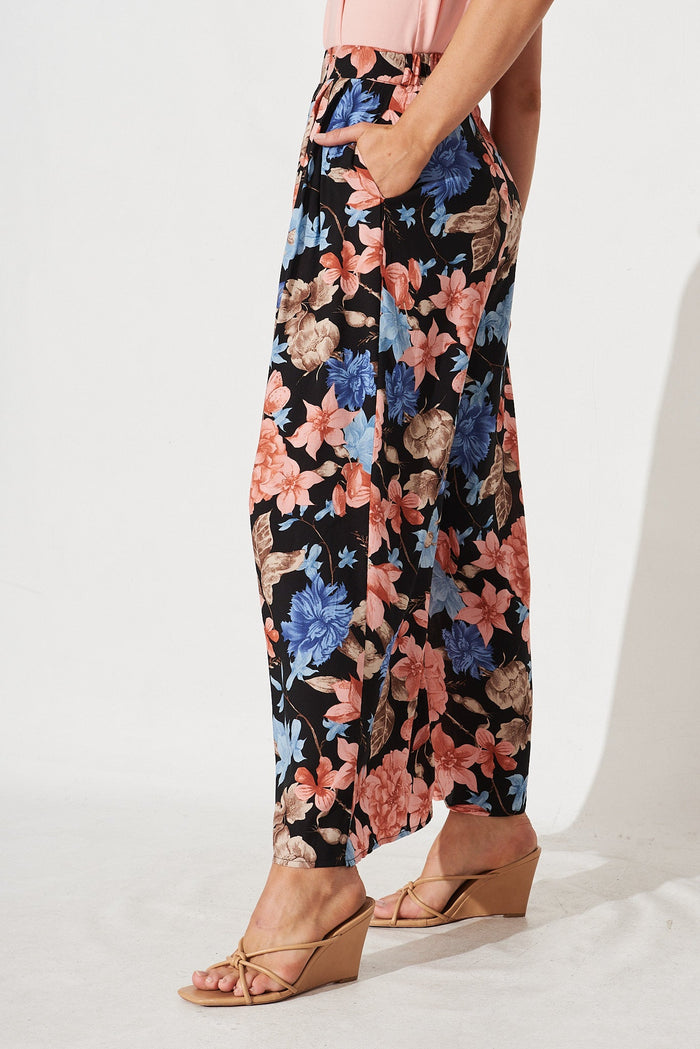 Mollie Pants In Black With Coral Floral - side