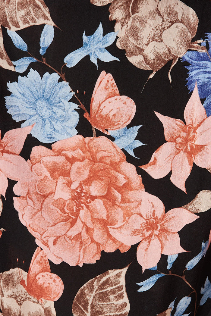 Mollie Pants In Black With Coral Floral - fabric