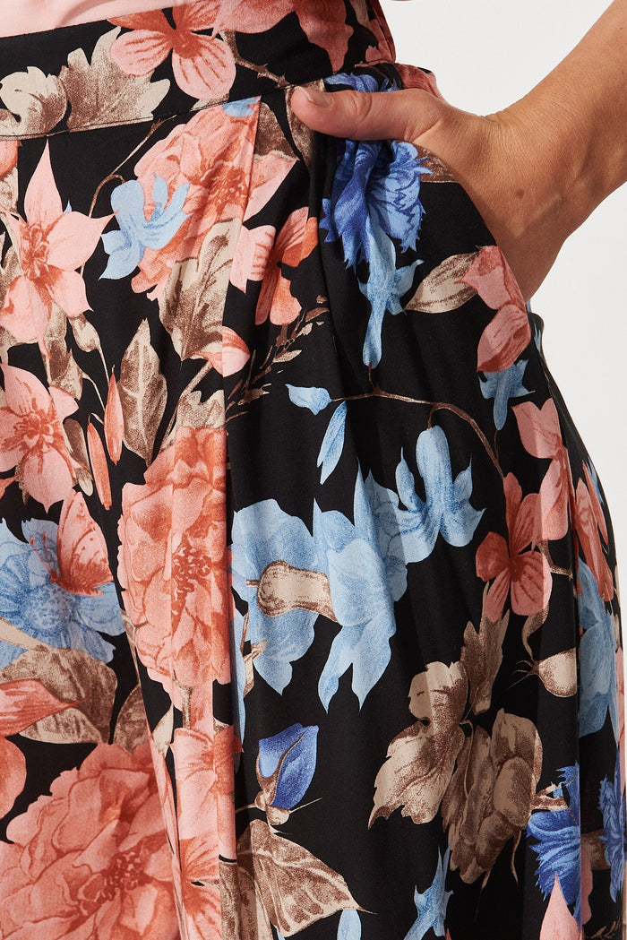 Mollie Pants In Black With Coral Floral - detail