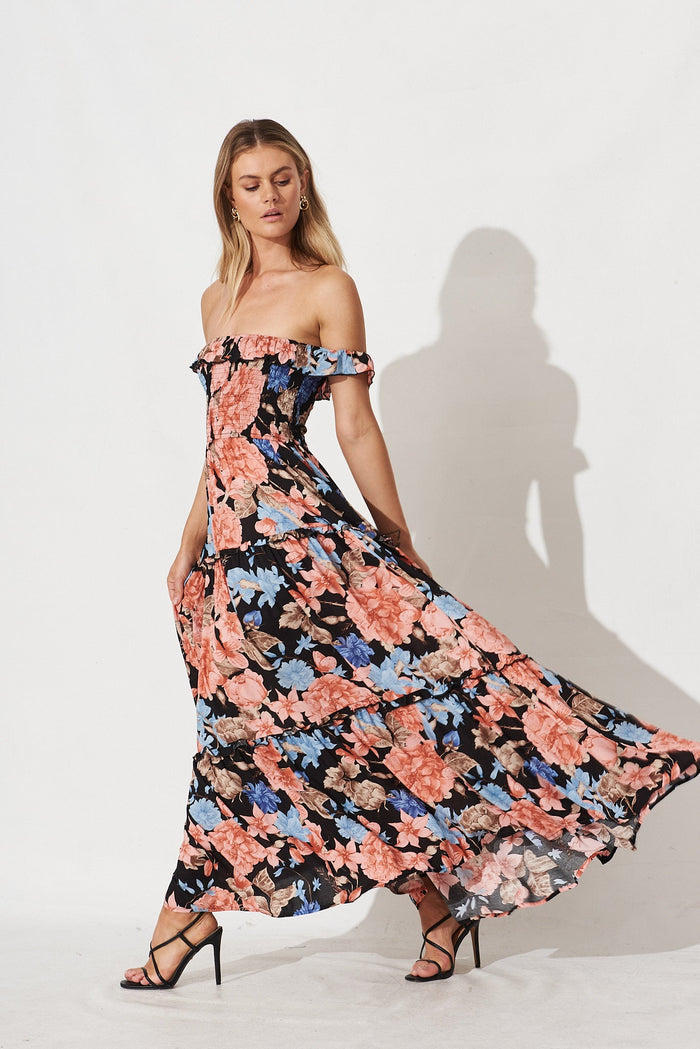 Alba Maxi Dress In Black With Coral Floral - side