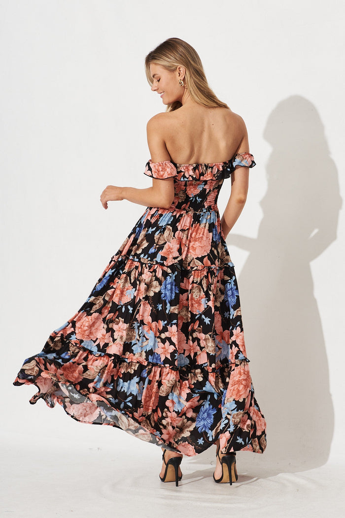 Alba Maxi Dress In Black With Coral Floral - back