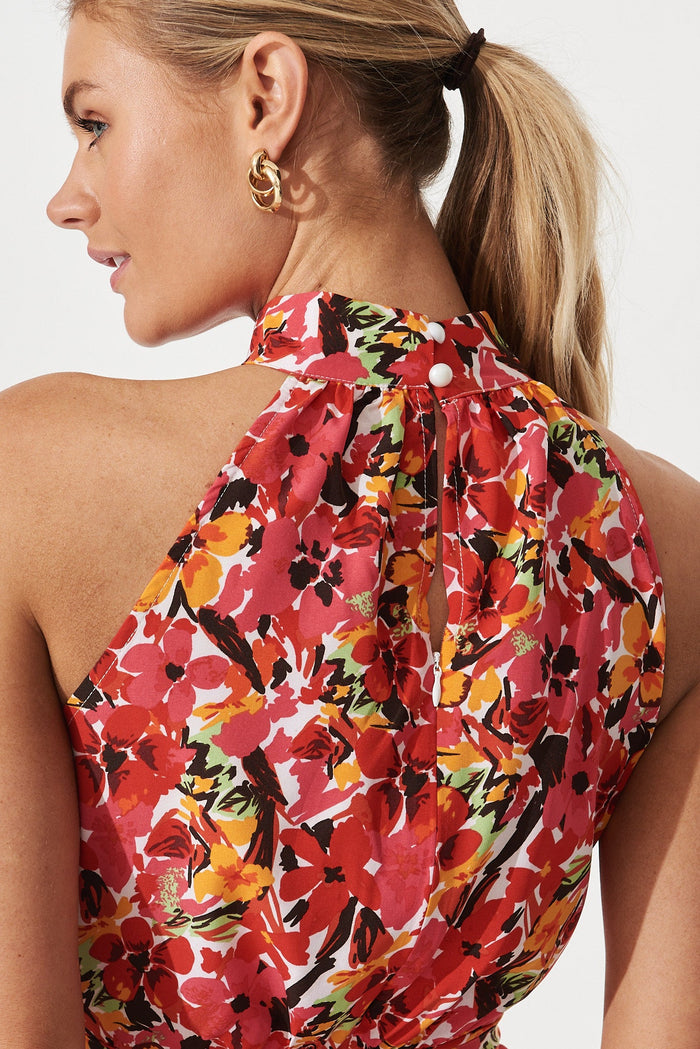 Khali High Neck Top in Red Floral - detail