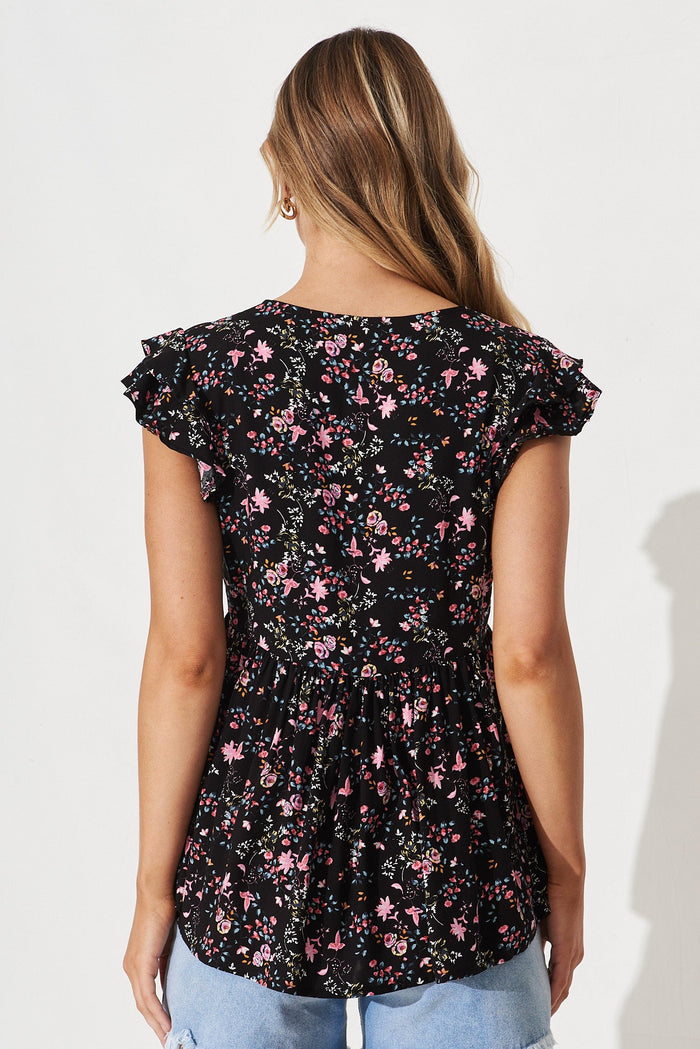 Maila Top In Black with Pink Floral - back