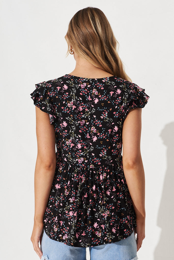 Maila Top In Black with Pink Floral - back