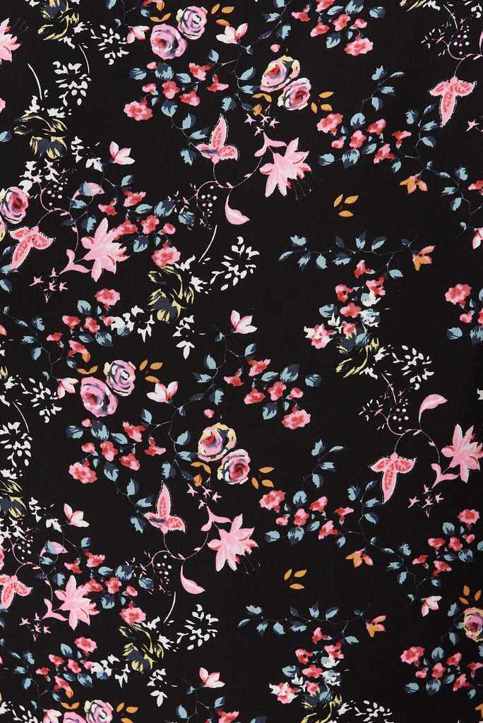 Maila Top In Black with Pink Floral - fabric