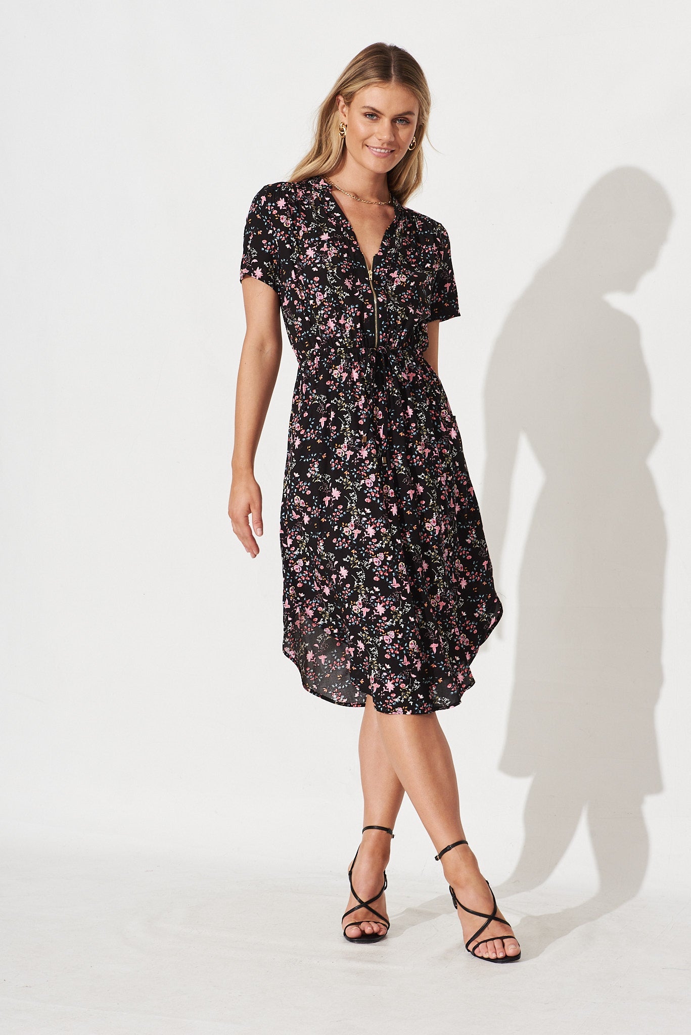Go Getter Dress In Black with Pink Floral - full length