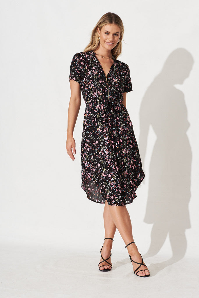 Go Getter Dress In Black with Pink Floral - full length