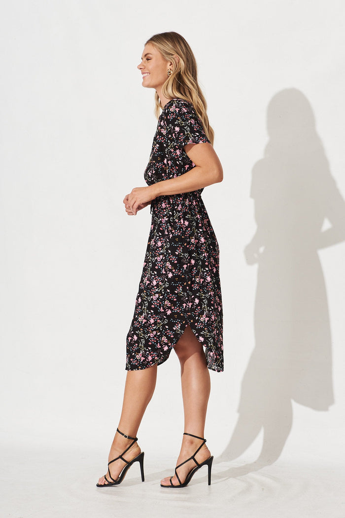 Go Getter Dress In Black with Pink Floral - side