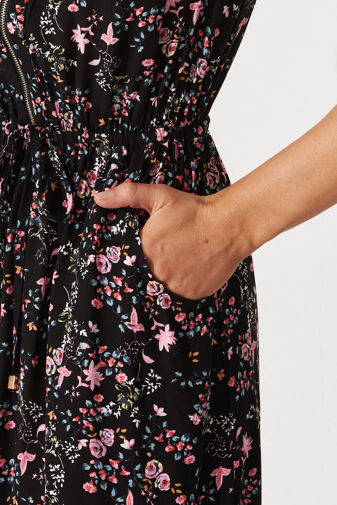 Go Getter Dress In Black with Pink Floral - detail