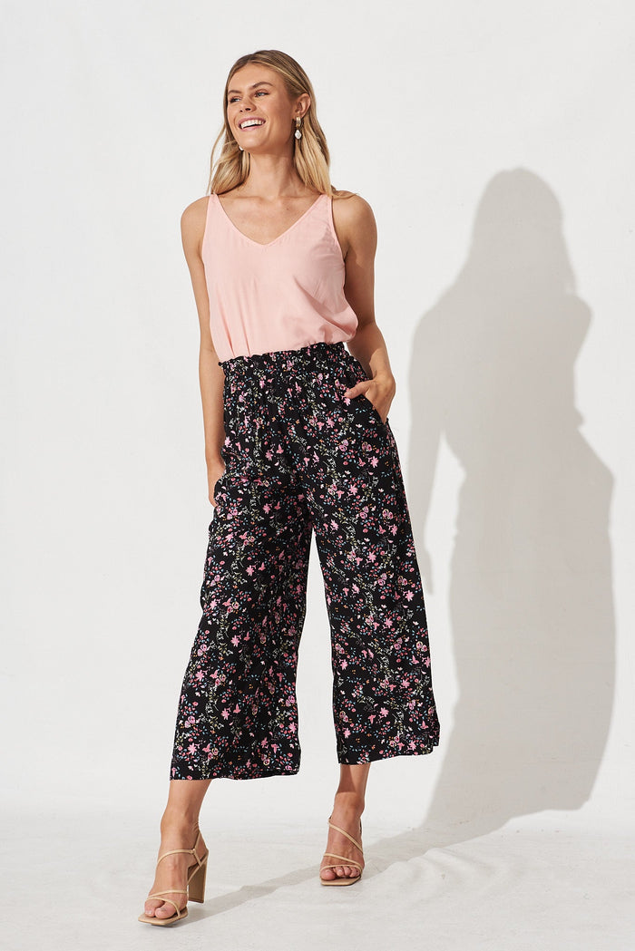 Alya Pants In Black with Pink Floral - full length