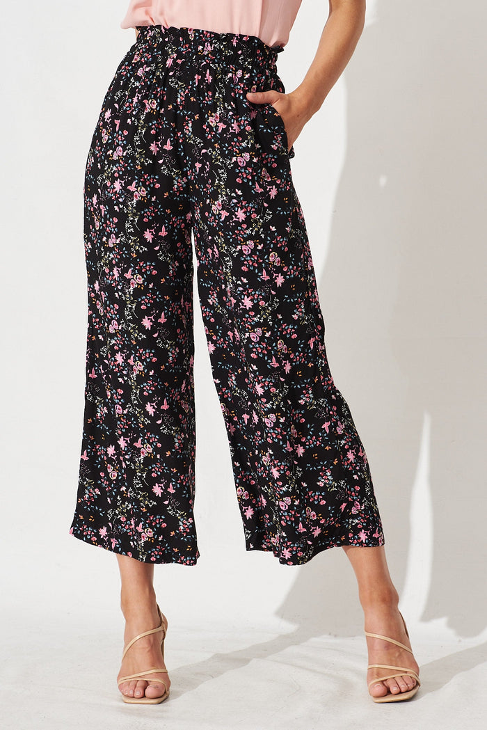 Alya Pants In Black with Pink Floral - front