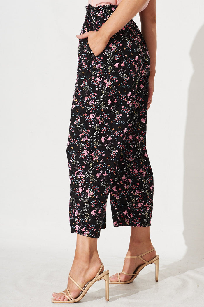 Alya Pants In Black with Pink Floral - side