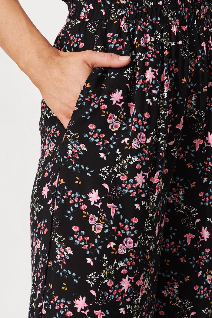 Alya Pants In Black with Pink Floral - detail