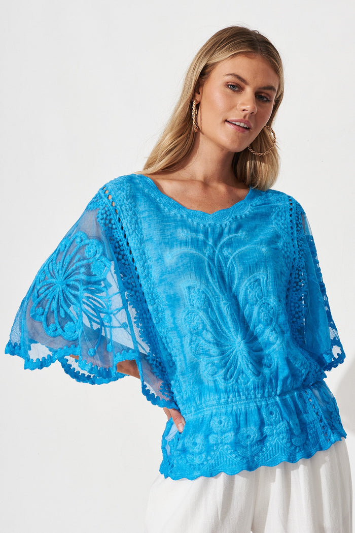 Kenya Lace Top In Blue Cotton - front