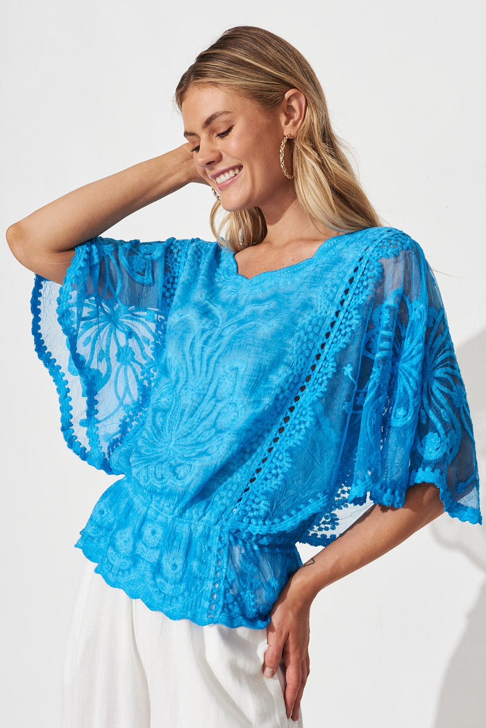 Kenya Lace Top In Blue Cotton - front