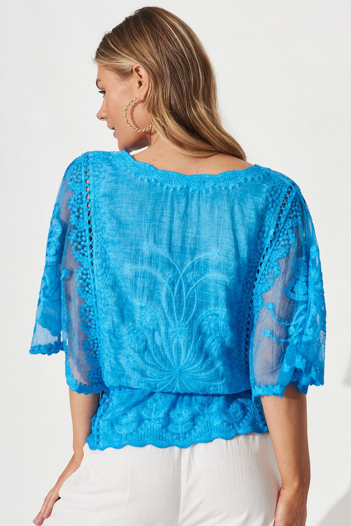Kenya Lace Top In Blue Cotton - back