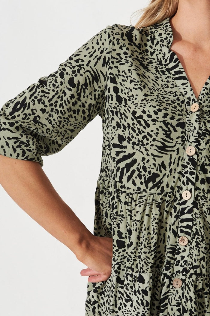 Cheery Top In Dusty Green With Black Leopard - St Frock (Dev)