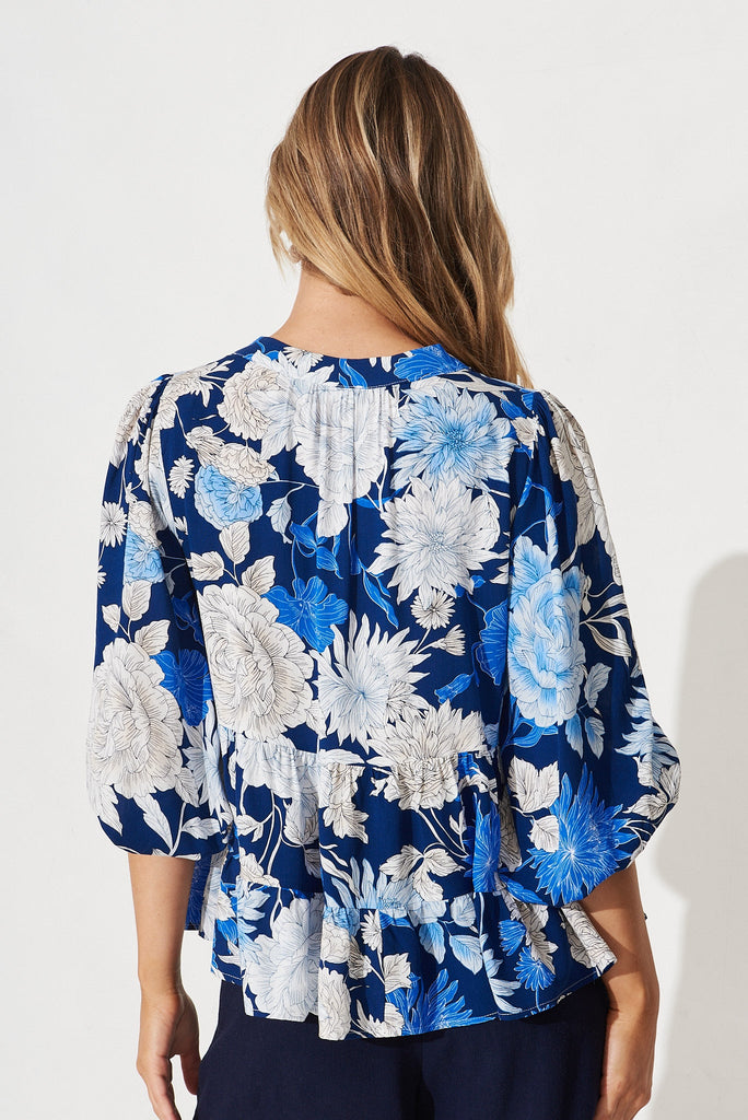 Talena Top In Blue With White Floral - back