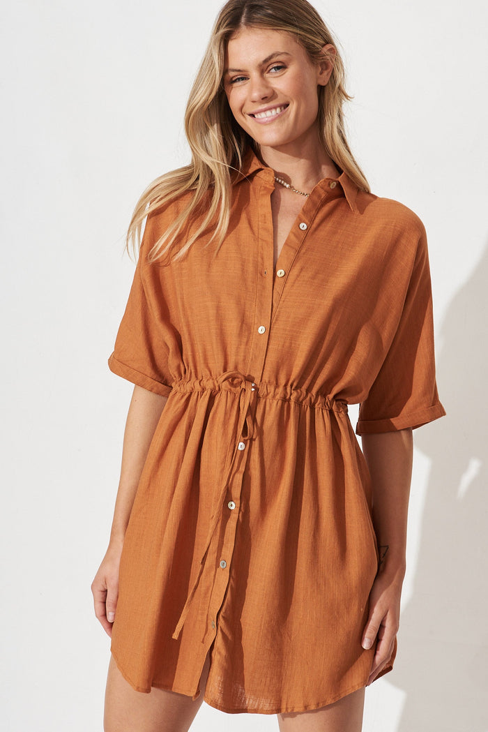 Tina Shirt Dress In Marigold Linen Blend - front