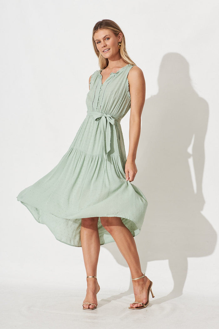 Raina Midi Dress in Sage Swiss Dot - full length