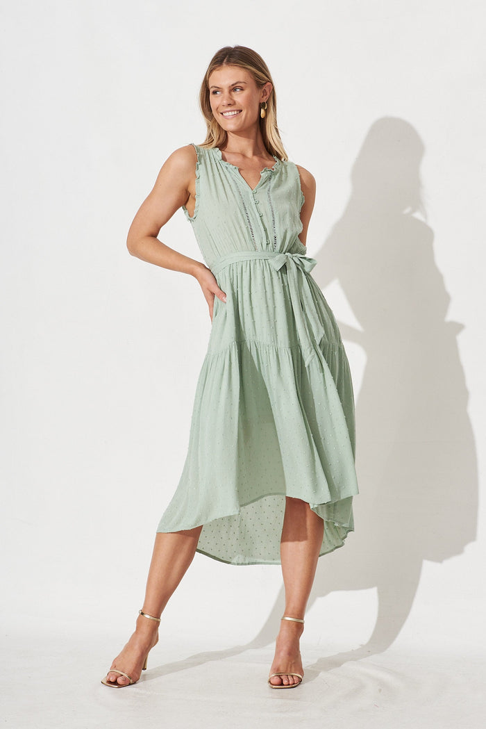 Raina Midi Dress in Sage Swiss Dot - full length