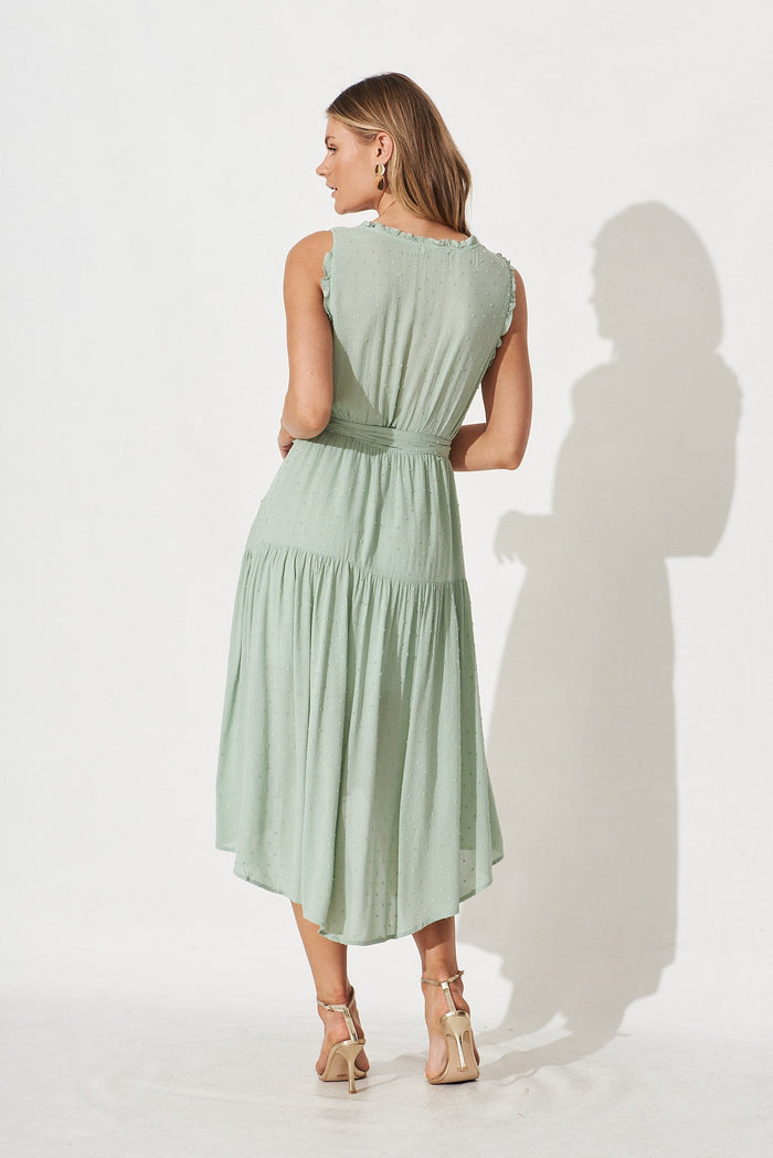 Raina Midi Dress in Sage Swiss Dot - back