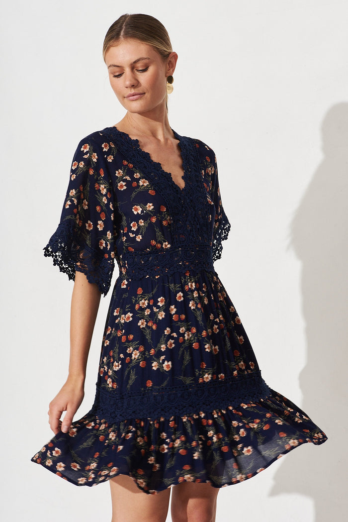 Macca Dress In Navy Floral - front