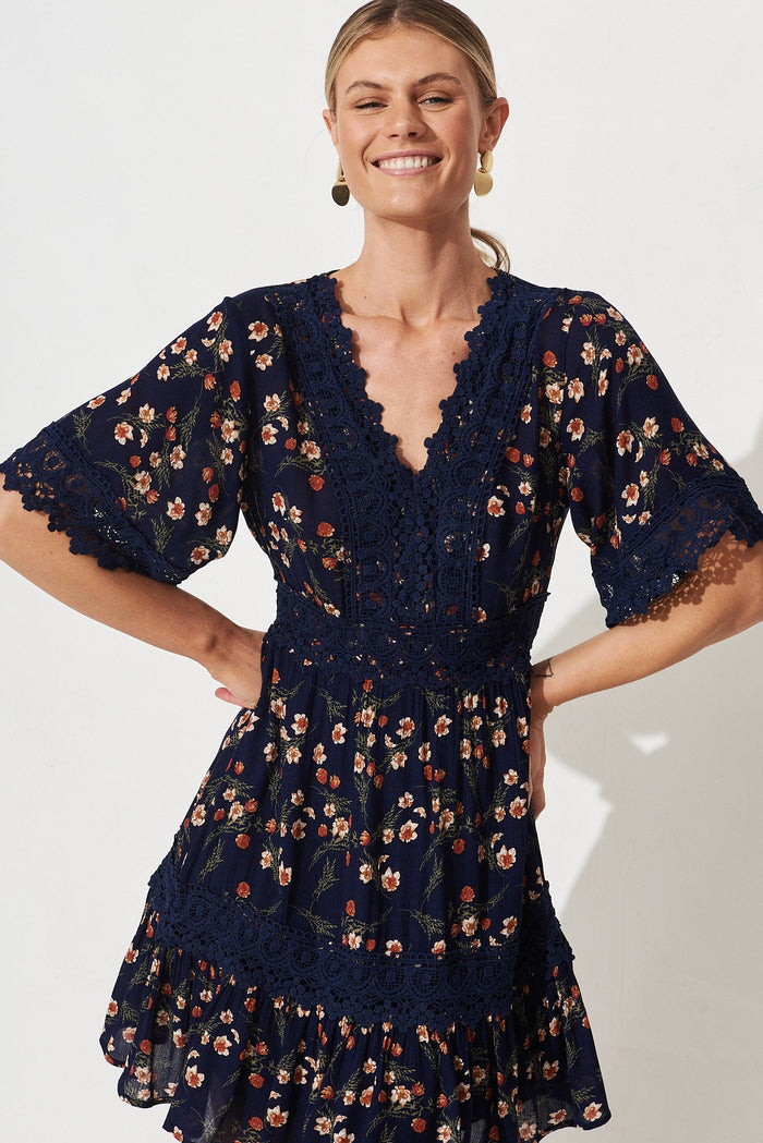 Macca Dress In Navy Floral - front