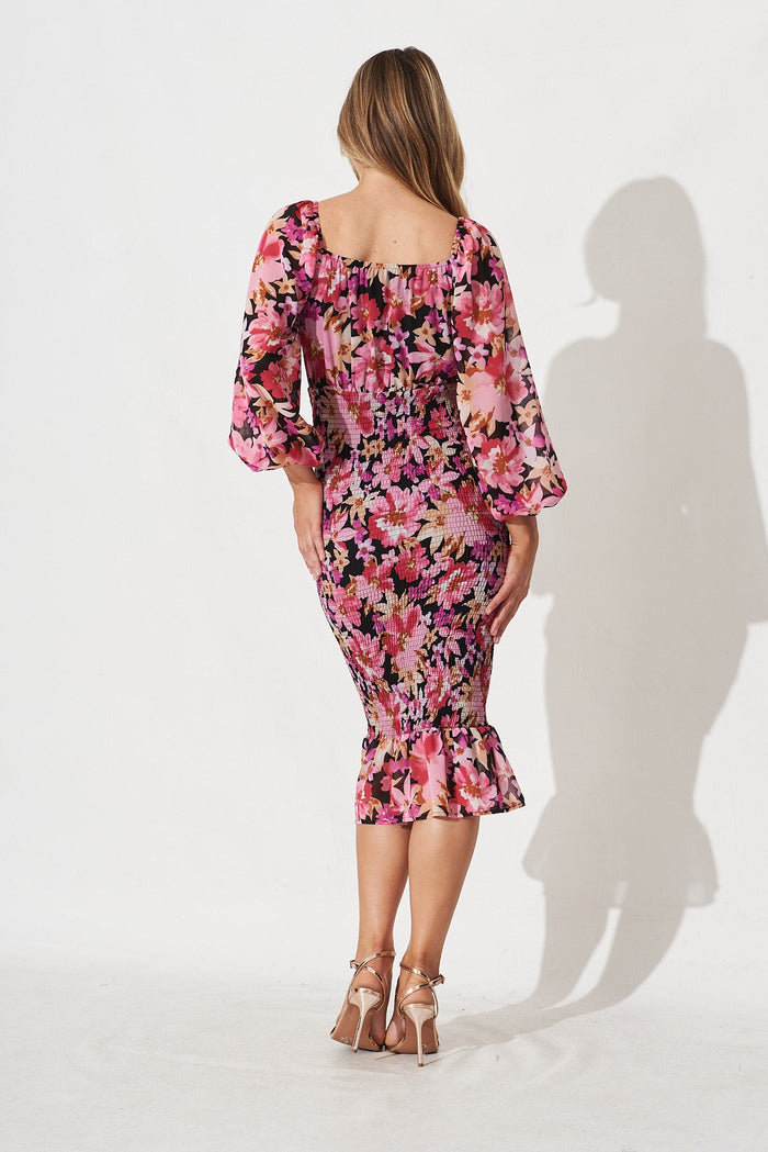Bernadine Midi Dress In Black With Purple Floral - St Frock (Dev)