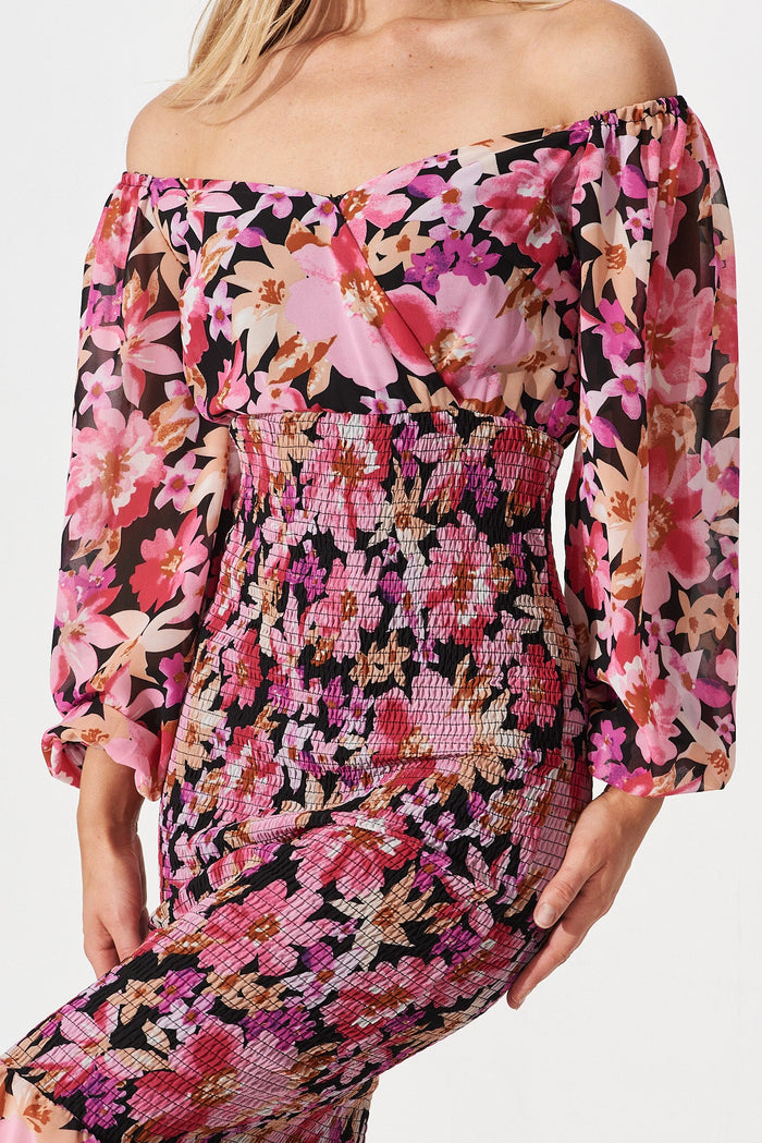 Bernadine Midi Dress In Black With Purple Floral - St Frock (Dev)