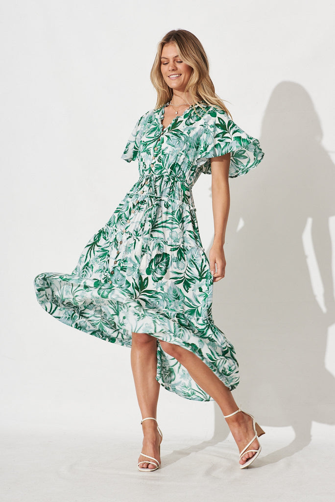 Melanee Maxi Dress In White With Green Floral - full length
