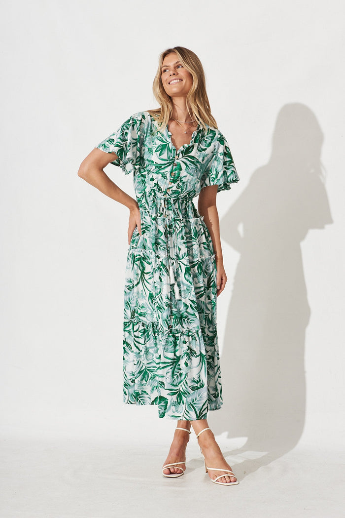Melanee Maxi Dress In White With Green Floral - full length