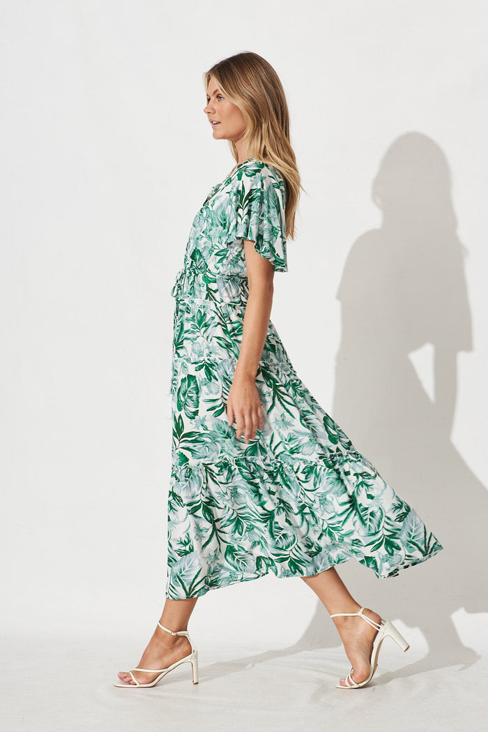 Melanee Maxi Dress In White With Green Floral - side