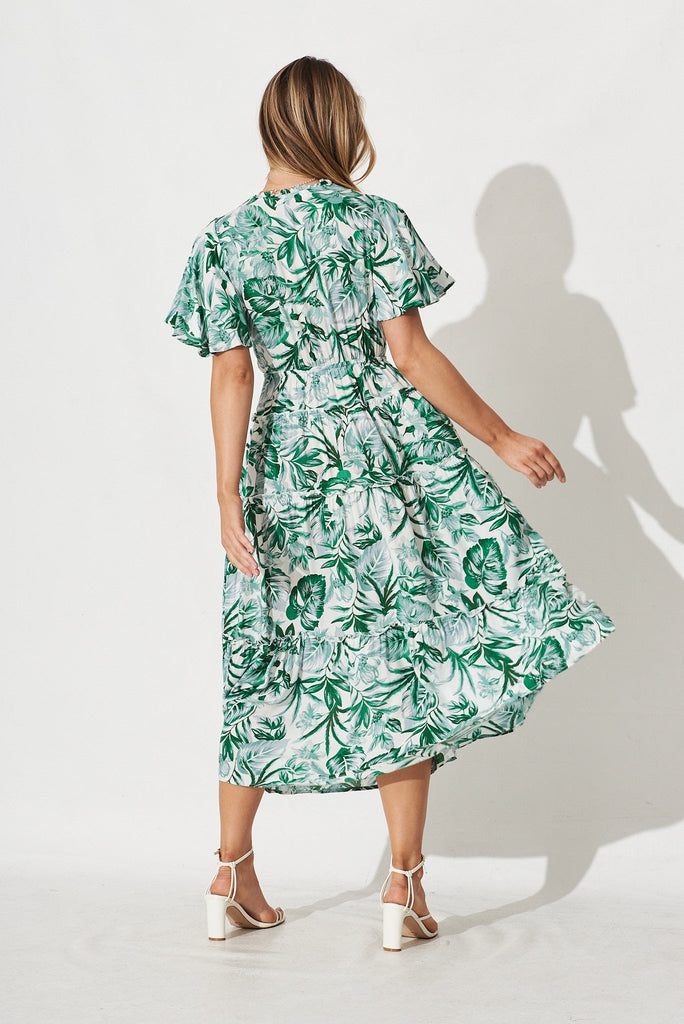 Melanee Maxi Dress In White With Green Floral - back