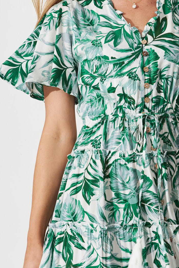 Melanee Maxi Dress In White With Green Floral - detail