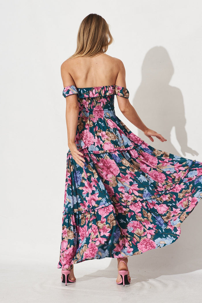 Alba Maxi Dress In Emerald With Pink Blue Floral - back