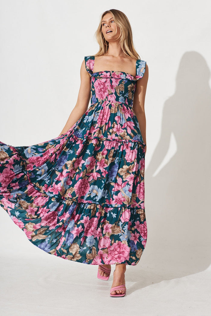 Alba Maxi Dress In Emerald With Pink Blue Floral - full length