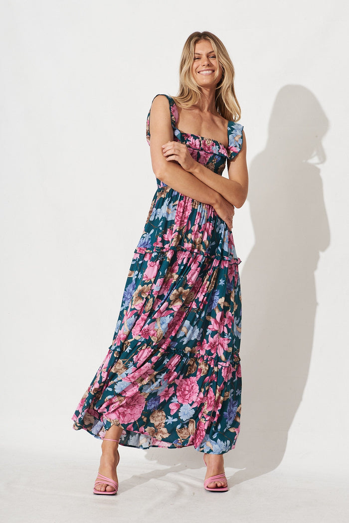 Alba Maxi Dress In Emerald With Pink Blue Floral - full length