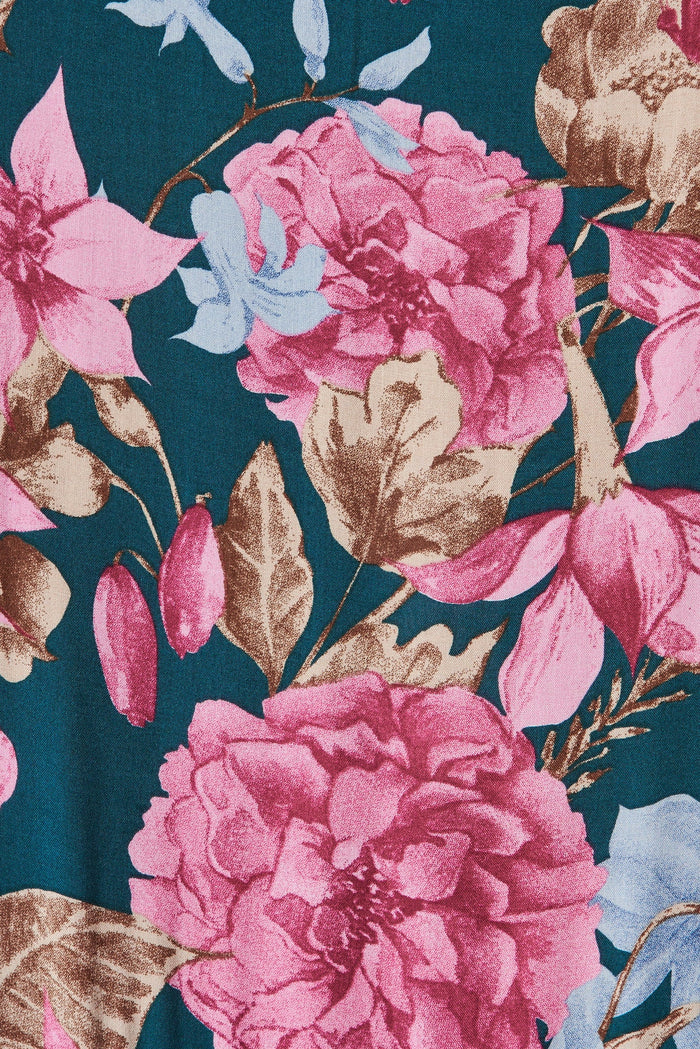 Alba Maxi Dress In Emerald With Pink Blue Floral - fabric