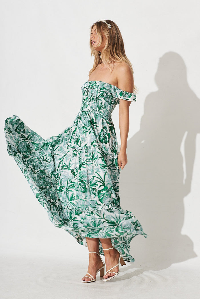 Alba Maxi Dress In White With Tropical Green Floral - St Frock (Dev)