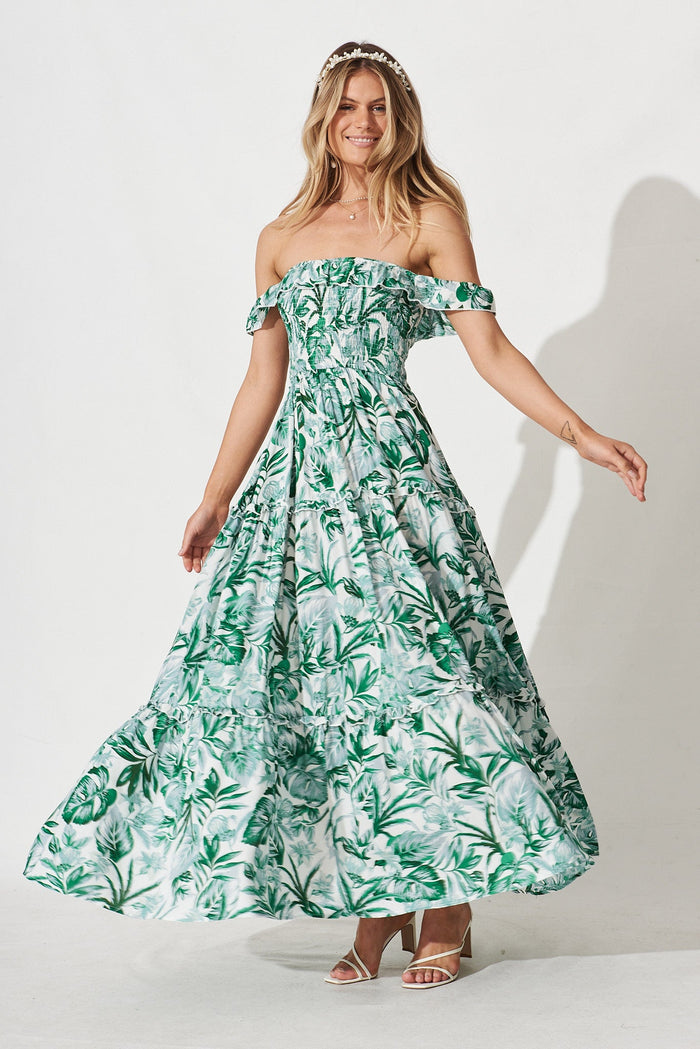 Alba Maxi Dress In White With Tropical Green Floral - St Frock (Dev)