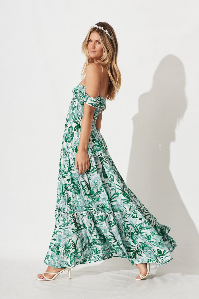 Alba Maxi Dress In White With Tropical Green Floral - St Frock (Dev)