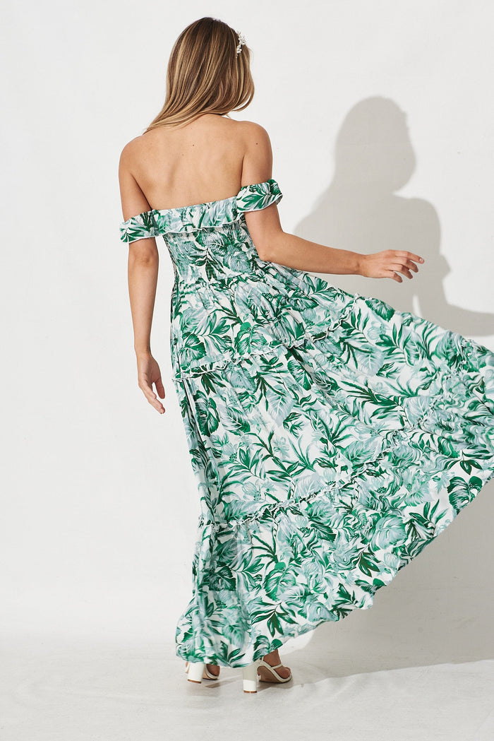 Alba Maxi Dress In White With Tropical Green Floral - St Frock (Dev)