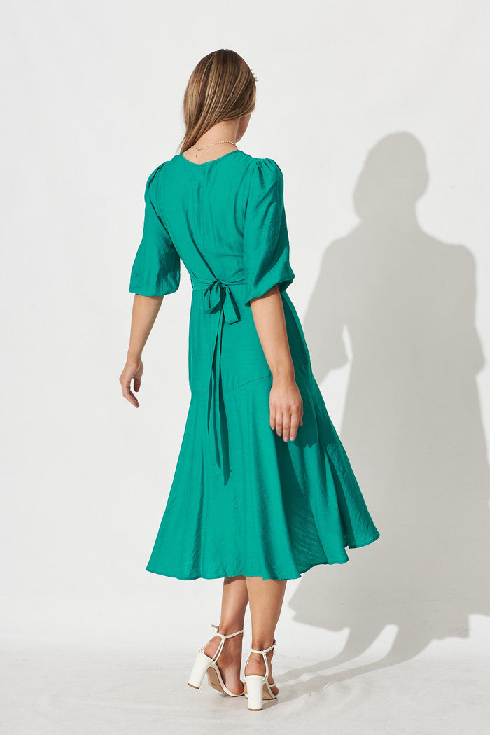 Acacia Wrap Midi Dress In Turquoise - back