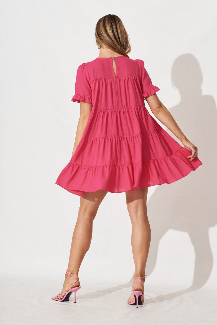 Jollie Smock Dress In Hot Pink Linen Blend - back
