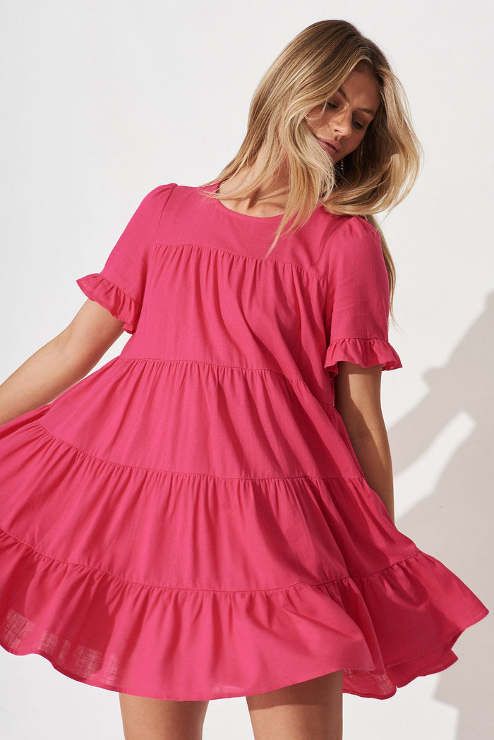 Jollie Smock Dress In Hot Pink Linen Blend - front