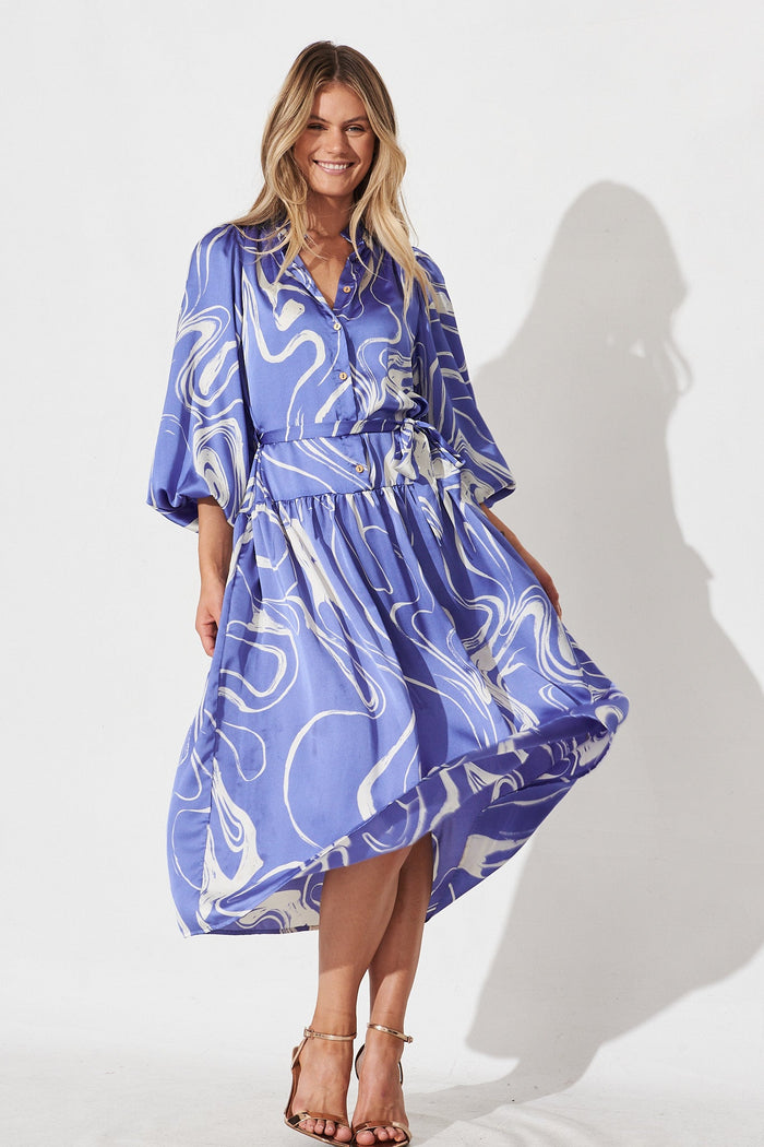 Pippa Maxi Dress In Blue With White Swirl Print Satin - full length
