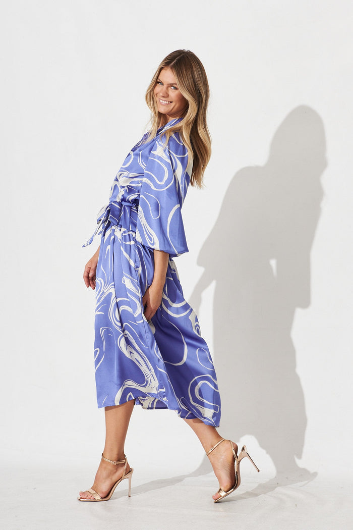 Pippa Maxi Dress In Blue With White Swirl Print Satin - side